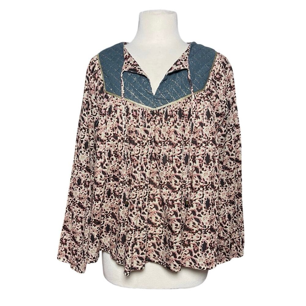 SCOTCH & SODA Boho Quilted Metallic Striped Brown Floral Print Top